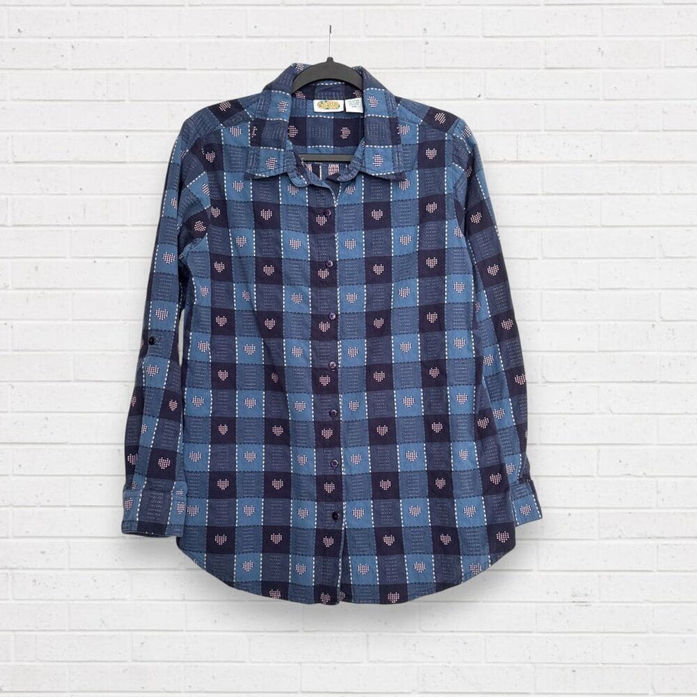 COLLECTIONS ETC Vintage 90s Patriotic Heart Blue Denim Plaid Blouse Shirt M